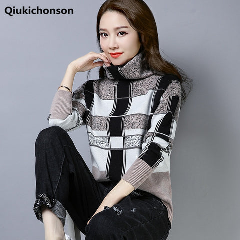 Vintage Plaid Turtleneck Sweater Women Autumn Winter Contrast Color Elegant Pullover Sweaters Knitted Jumpers golf sweter