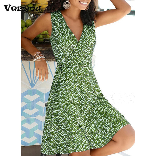 Casual Polka Dot V Neck Sleeveless Dress        Bandage Beach Summer Dress