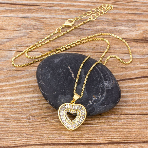 High Quality Romantic Heart Shape Pendant Necklace Copper Zirconia Stone Long Chain