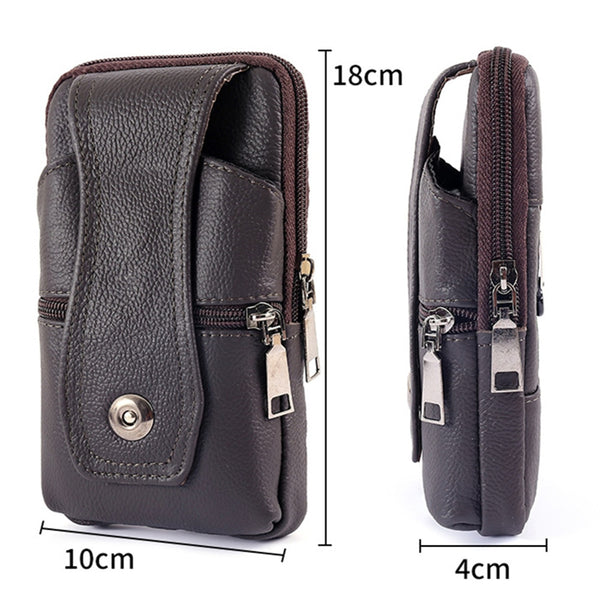 Men Leather Large Capacity Belt Bag Brown Shoulder Crossbody Multi-layer Buckle Mobile Phone Bag