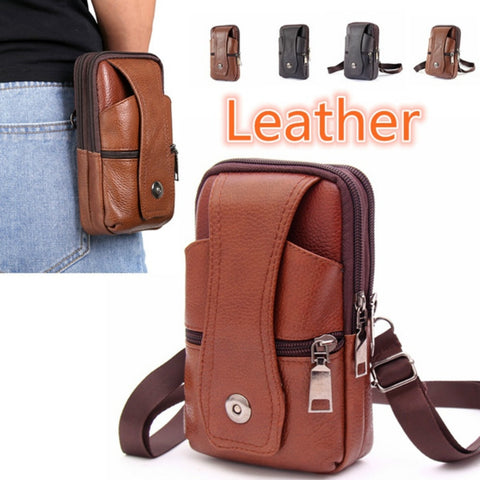 Men Leather Large Capacity Belt Bag Brown Shoulder Crossbody Multi-layer Buckle Mobile Phone Bag