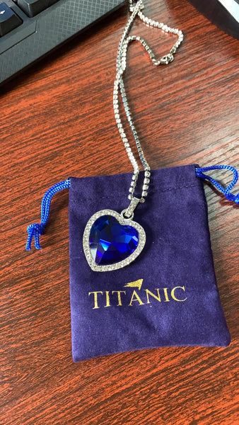 Titanic Heart of Ocean blue heart love forever pendant Necklace + velvet bag