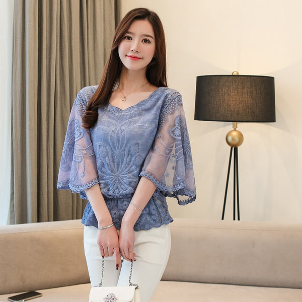 Fashion Spring Chiffon Blouse Cotton Edge Lace  Butterfly Flower