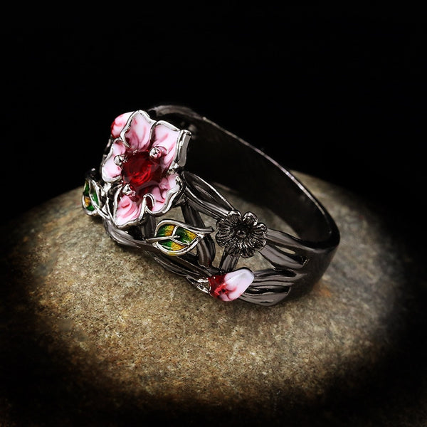 Exquisite Women Jewelry Red Flower 925 Silver Ring Creative Elegant Ring