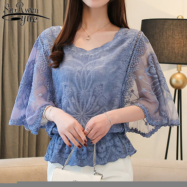 Fashion Spring Chiffon Blouse Cotton Edge Lace  Butterfly Flower