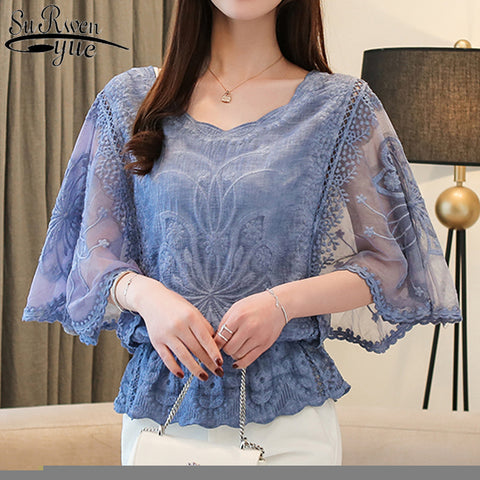 Fashion Spring Chiffon Blouse Cotton Edge Lace  Butterfly Flower