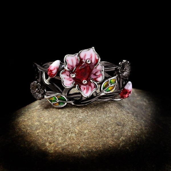 Exquisite Women Jewelry Red Flower 925 Silver Ring Creative Elegant Ring