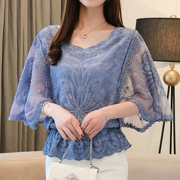 Fashion Spring Chiffon Blouse Cotton Edge Lace  Butterfly Flower