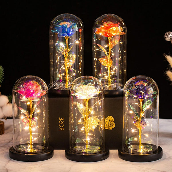 Gift for Mom Beauty and The Beast Preserved Roses In Glass Galaxy Rose Flower LED Light Artificial Flowers Gift for Women Girls