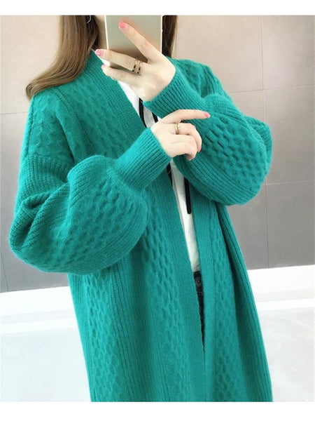 Long Cardigan Sweater Lantern Sleeve Open Stitch Oversized Sweater Jacket