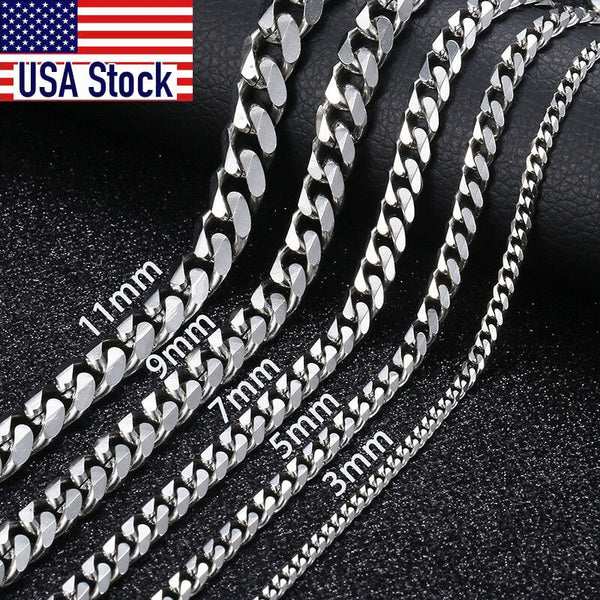 3/5/7/9/11mm Silver Color Necklace Stainless Steel Cuban Link Chain Chokers