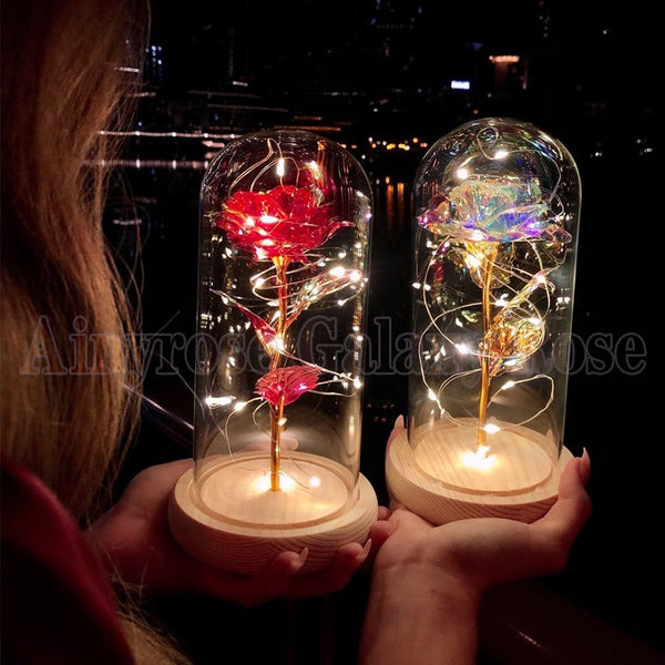 Gift for Mom Beauty and The Beast Preserved Roses In Glass Galaxy Rose Flower LED Light Artificial Flowers Gift for Women Girls