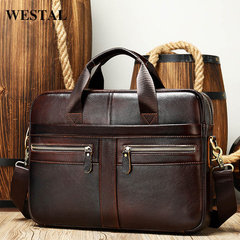 WESTAL Men's Briefcases Genuine Leather Lawyer/office  Laptop Leather Briefcases Bag for Documents