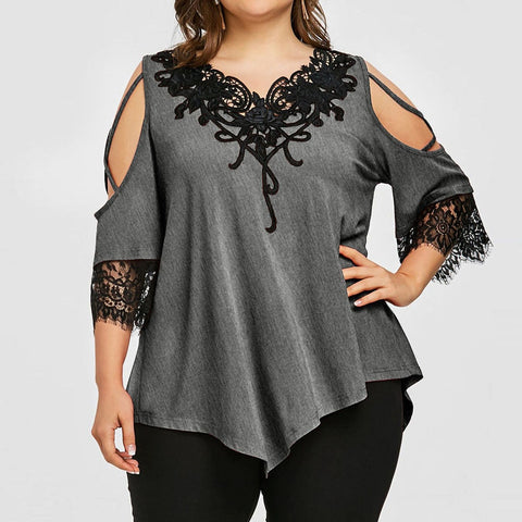 Women Lace Off Shoulder V-Neck Loose Blouses Short Sleeve Plus Size