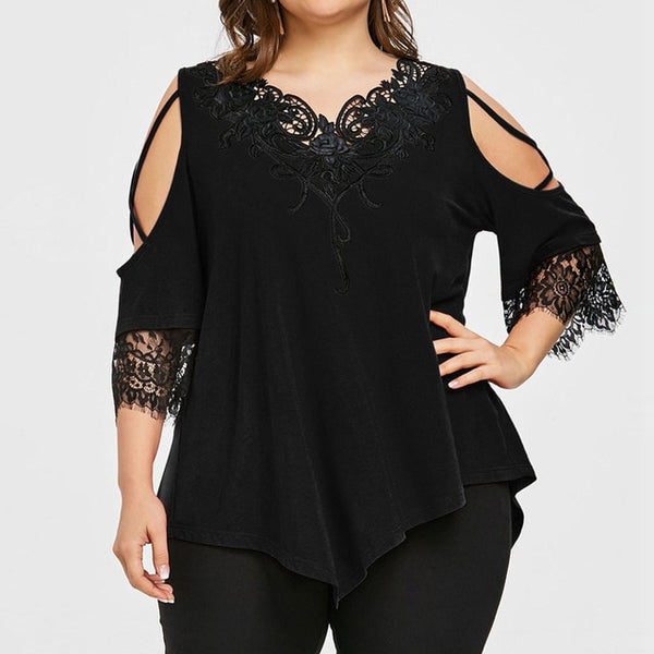 Women Lace Off Shoulder V-Neck Loose Blouses Short Sleeve Plus Size