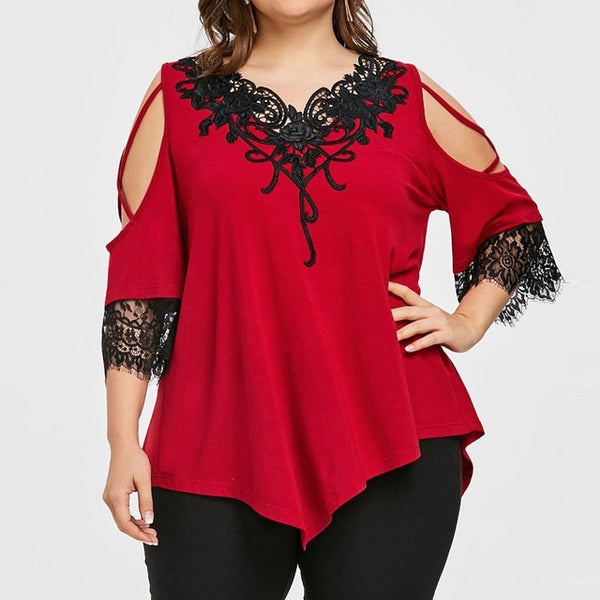 Women Lace Off Shoulder V-Neck Loose Blouses Short Sleeve Plus Size