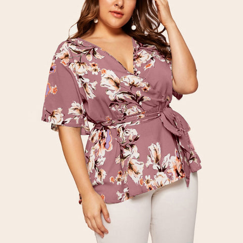 Casual Print V-Neck Short Sleeved Blouse With Waist Belt Plus Size