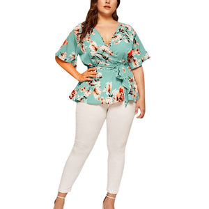 Casual Print V-Neck Short Sleeved Blouse With Waist Belt Plus Size