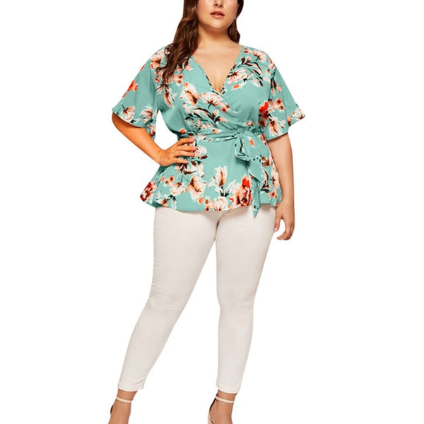 Casual Print V-Neck Short Sleeved Blouse With Waist Belt Plus Size