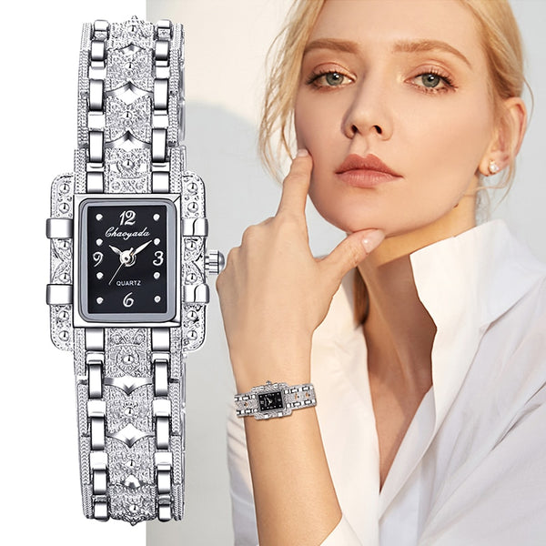 Women Fashion Rectangle Dial Silver Stainless Steel Crystal Quartz Watch  HOT SALE!