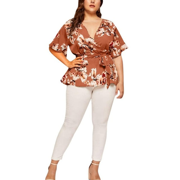 Casual Print V-Neck Short Sleeved Blouse With Waist Belt Plus Size