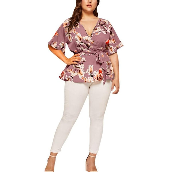 Casual Print V-Neck Short Sleeved Blouse With Waist Belt Plus Size