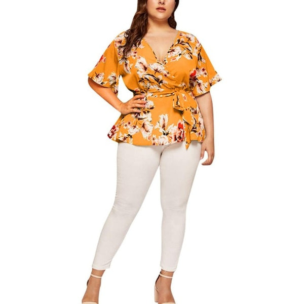 Casual Print V-Neck Short Sleeved Blouse With Waist Belt Plus Size