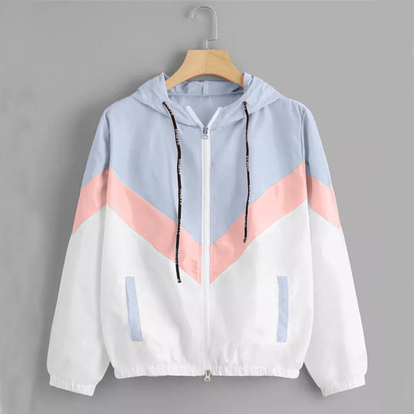 Fashion Hooded Windbreaker Jacket Patchwork Color Block Zipper