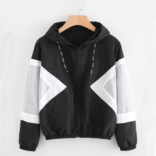 Fashion Hooded Windbreaker Jacket Patchwork Color Block Zipper