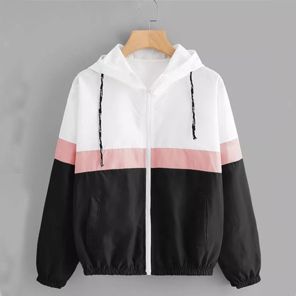 Fashion Hooded Windbreaker Jacket Patchwork Color Block Zipper