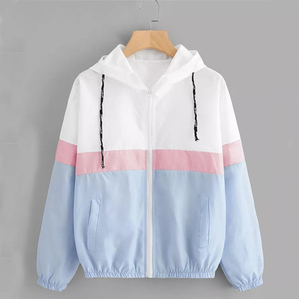 Fashion Hooded Windbreaker Jacket Patchwork Color Block Zipper