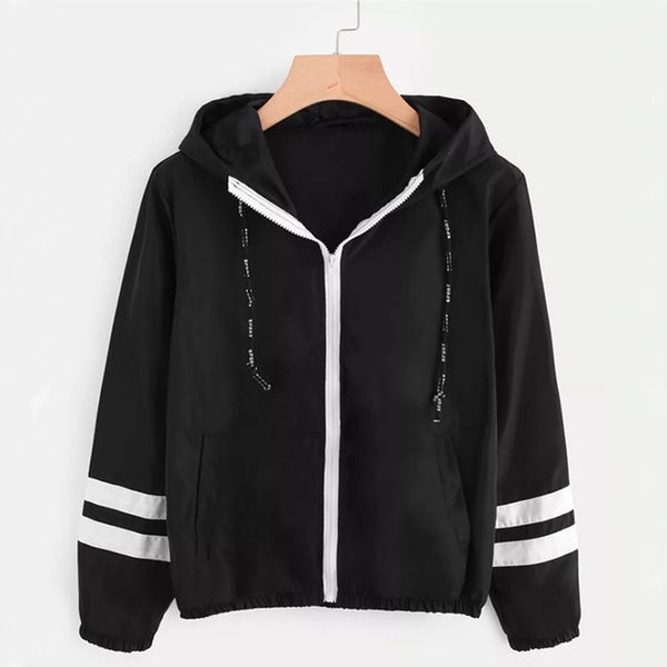 Fashion Hooded Windbreaker Jacket Patchwork Color Block Zipper