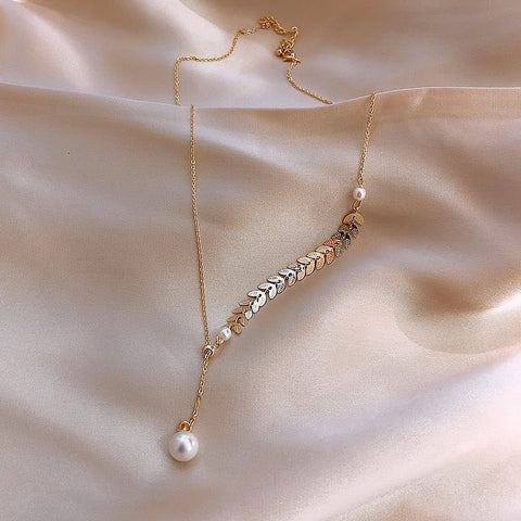 Hot Sale Fashion Sexy Metal Wheat Short Necklace Adjustable Elegant Pearl