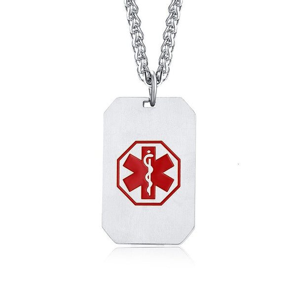 Medical Alert Necklace Stainless Steel Custom Engraved Medic ID Military Dog Tag