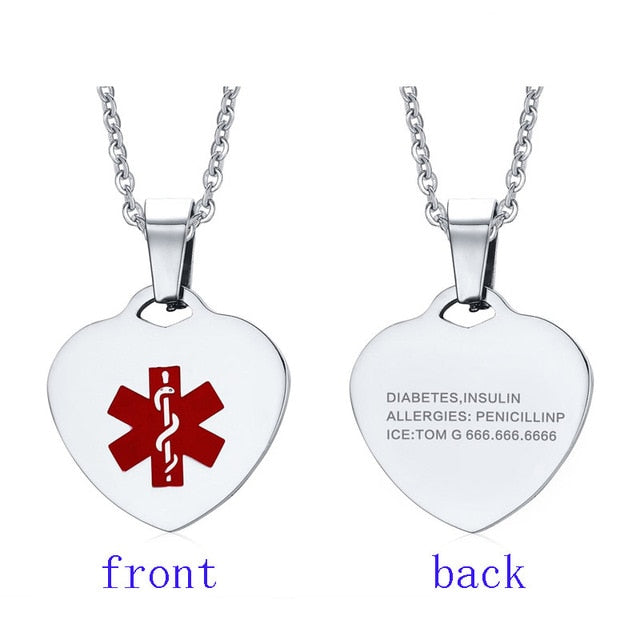 Custom Engrave Heart Shape Medical Alert ID Pendant 20 Inches Chain