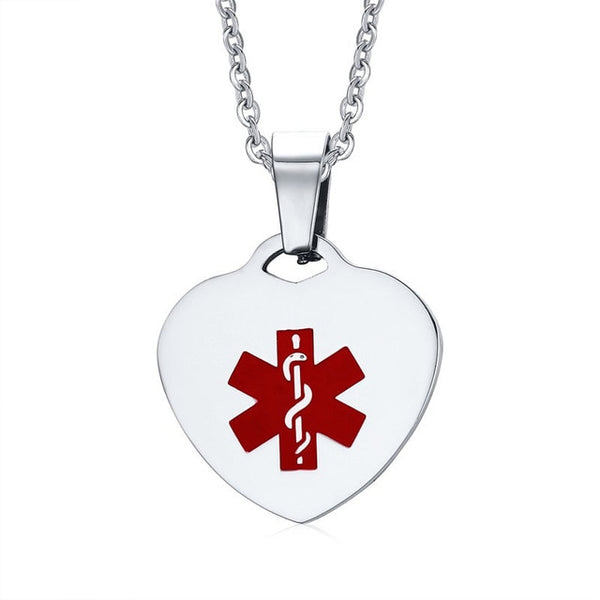 Custom Engrave Heart Shape Medical Alert ID Pendant 20 Inches Chain