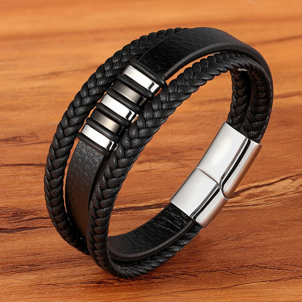 High Quality Stainless Steel Charm Stackable Genuine Leather Braided Black Bracelet