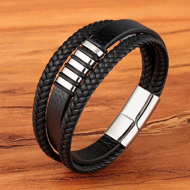 High Quality Stainless Steel Charm Stackable Genuine Leather Braided Black Bracelet