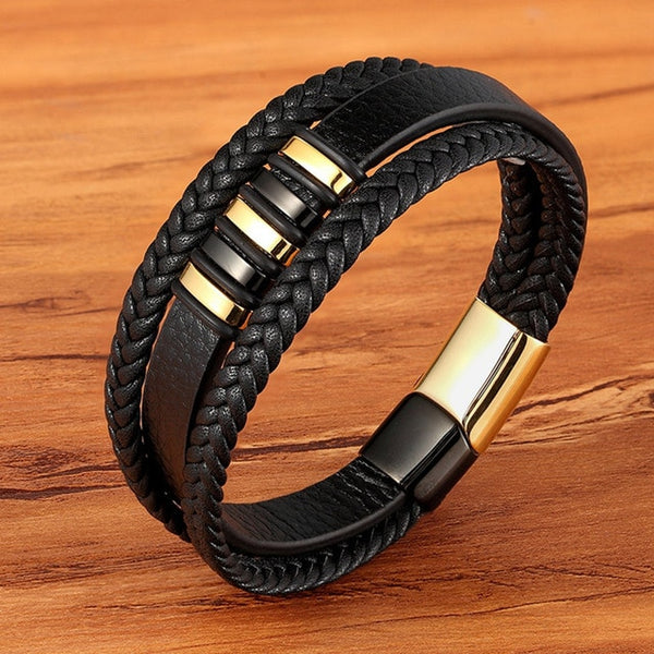 High Quality Stainless Steel Charm Stackable Genuine Leather Braided Black Bracelet