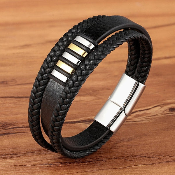 High Quality Stainless Steel Charm Stackable Genuine Leather Braided Black Bracelet