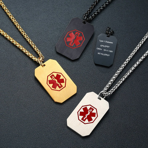 Medical Alert Necklace Stainless Steel Custom Engraved Medic ID Military Dog Tag