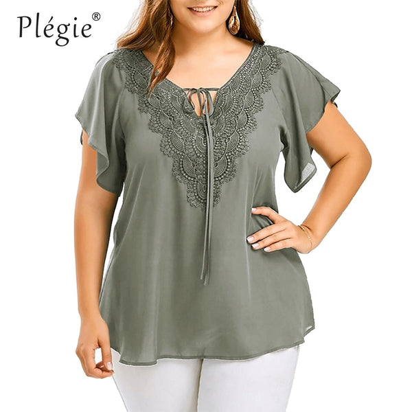 Plus Size Lace Patchwork Short Sleeve Blouse