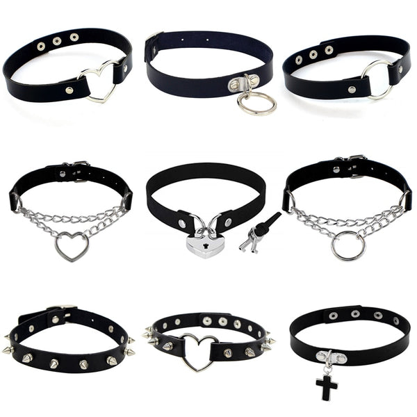 Punk PU Leather Lock Key Heart- Round Spike Rivet Collar Studded Choker