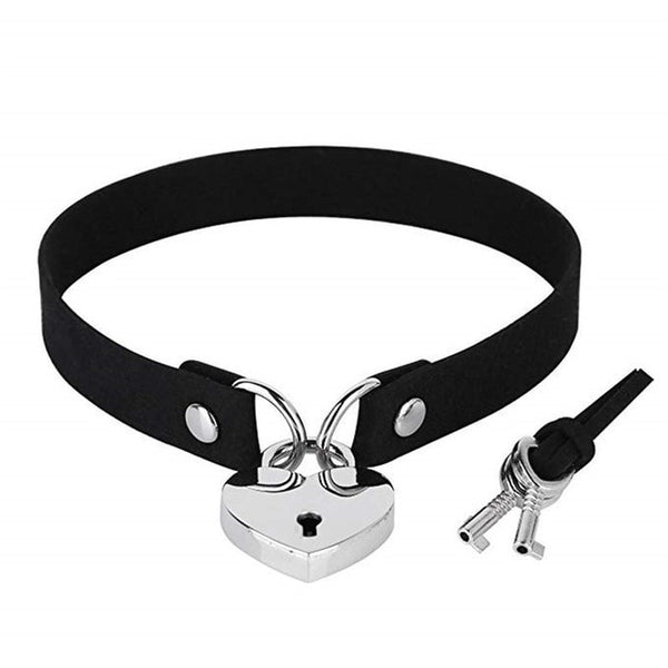 Punk PU Leather Lock Key Heart- Round Spike Rivet Collar Studded Choker