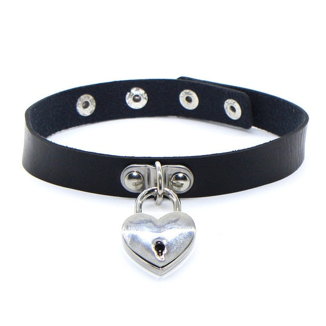 Punk PU Leather Lock Key Heart- Round Spike Rivet Collar Studded Choker