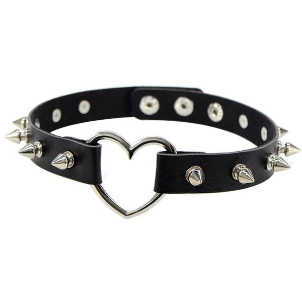 Punk PU Leather Lock Key Heart- Round Spike Rivet Collar Studded Choker