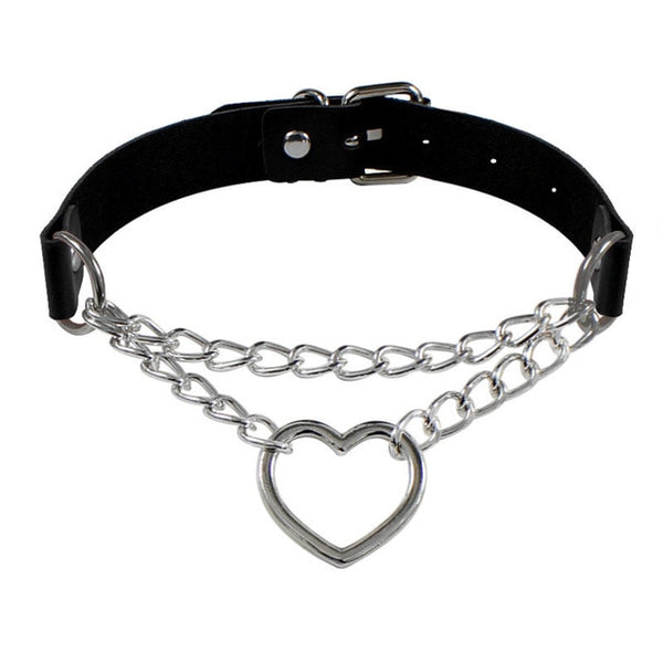 Punk PU Leather Lock Key Heart- Round Spike Rivet Collar Studded Choker