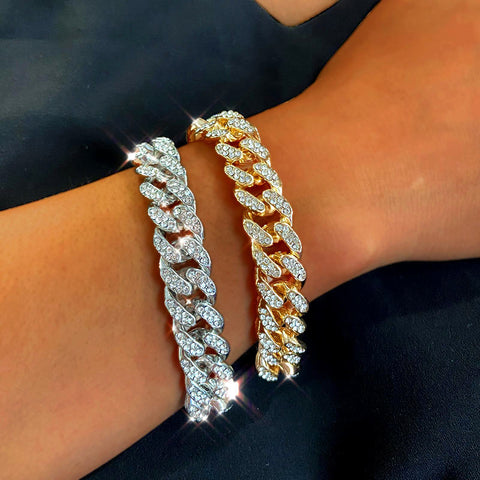 New Fashion Luxury 12mm Iced Out Cuban Link Chain Bracelet Gold Silver Color Bling Rhinestone