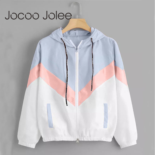 Fashion Hooded Windbreaker Jacket Patchwork Color Block Zipper