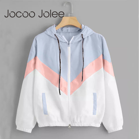 Fashion Hooded Windbreaker Jacket Patchwork Color Block Zipper